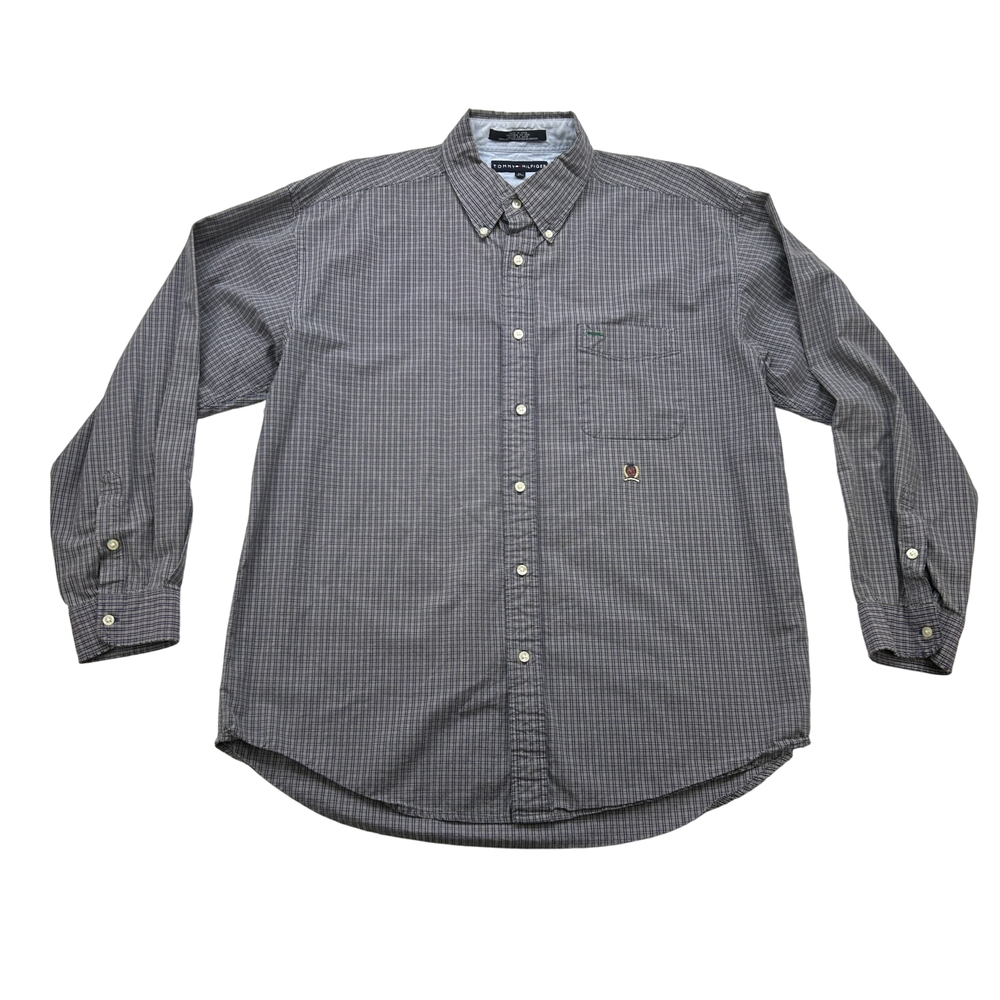 Tommy Hilfiger Shirt Mens XL Button Down Plaid Crest Logo Classic Preppy Style